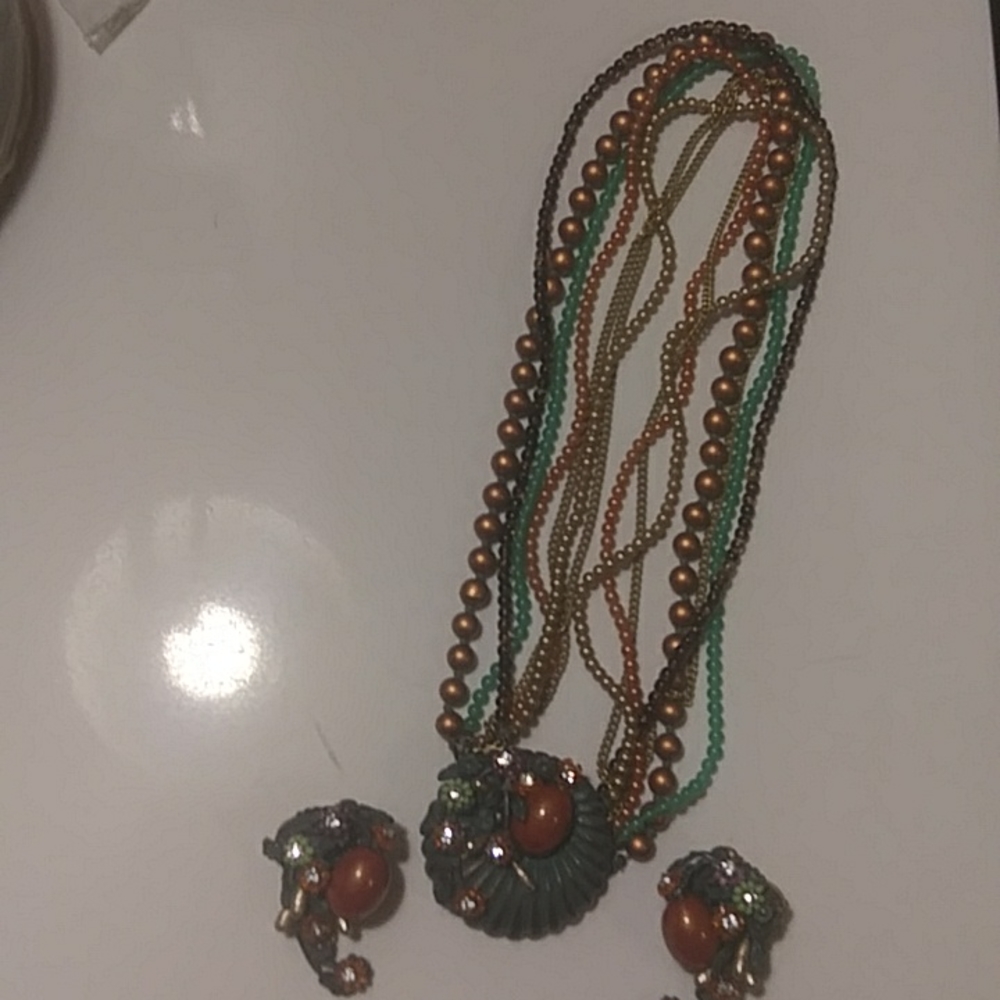Vintage 6 strand Necklace With Matching Clip- on Earrings/ Signed Eugene